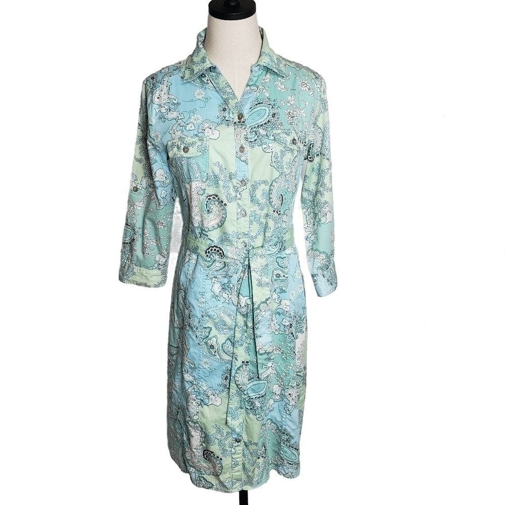 Provence D'amour Green Blue Paisley Toilet Belted Shirt Dress   Size S